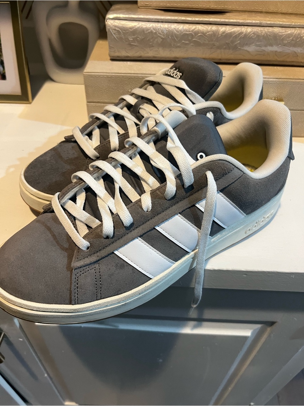 adidas Men’s Gray Suede Sneakers with White Three Stripes